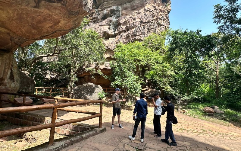 Bhimbetka rock shelters Cameron giving an interview