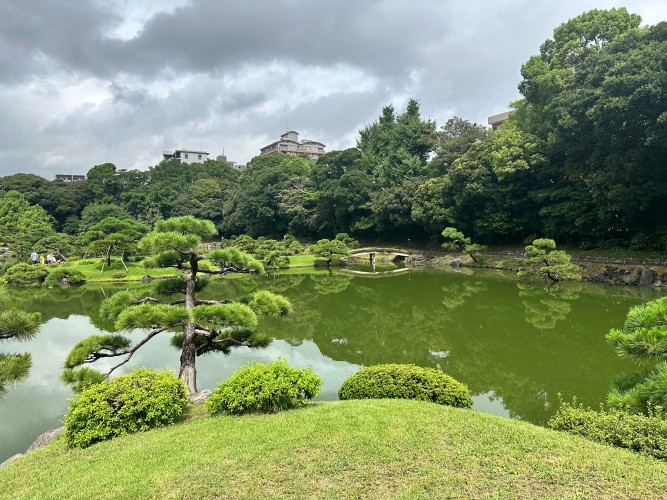 Kiyosumi Gardens in Tokyo, beautiful green landscape with a pond