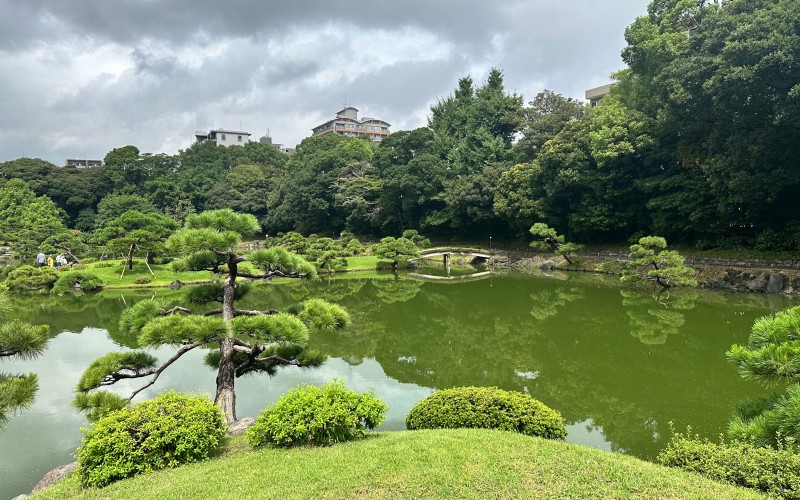 Kiyosumi Gardens in Tokyo, beautiful green landscape with a pond