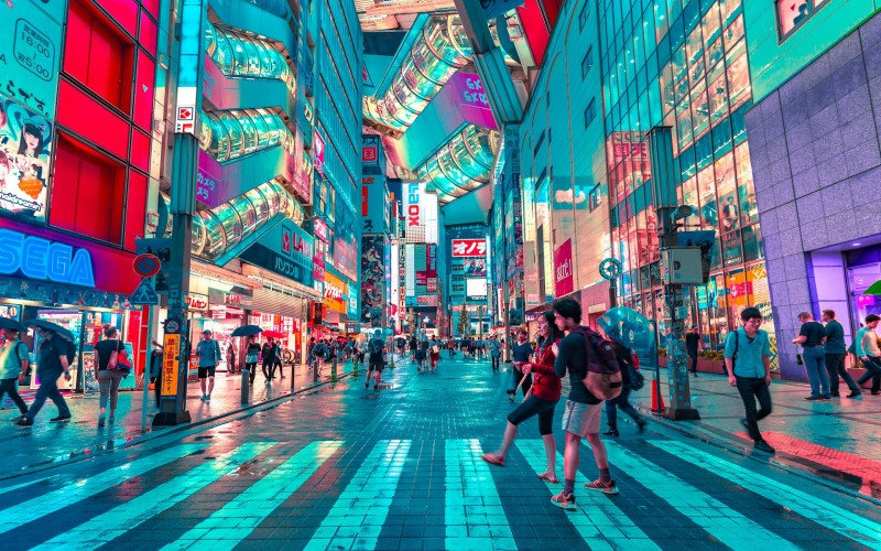 Tokyo street lit up at night