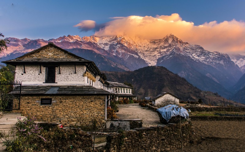 Sunrise on the Annapurna circuit with mountains, Nepal