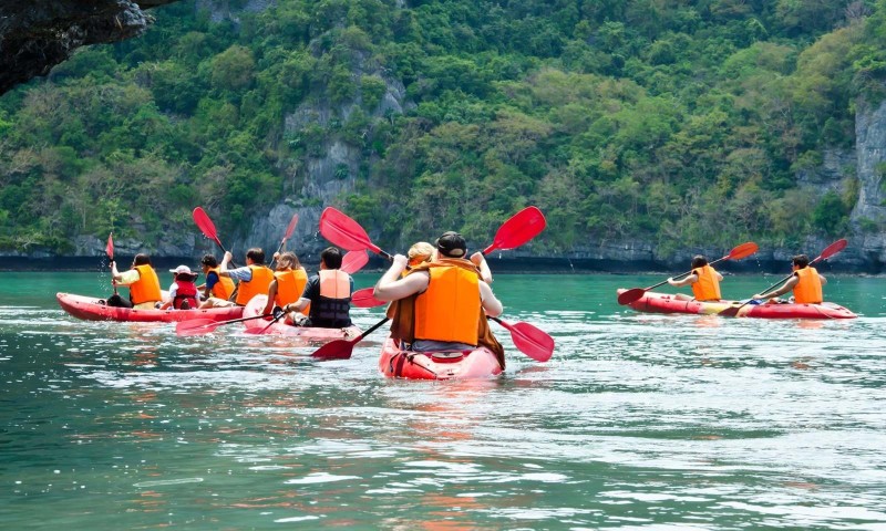 A group is canoeing in clear waters